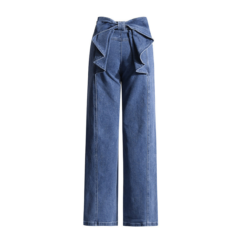Fashionable Elegant Jeans for Women Spring Bow Stitching Design Slim Fit Slimming High Waist Straight Pants