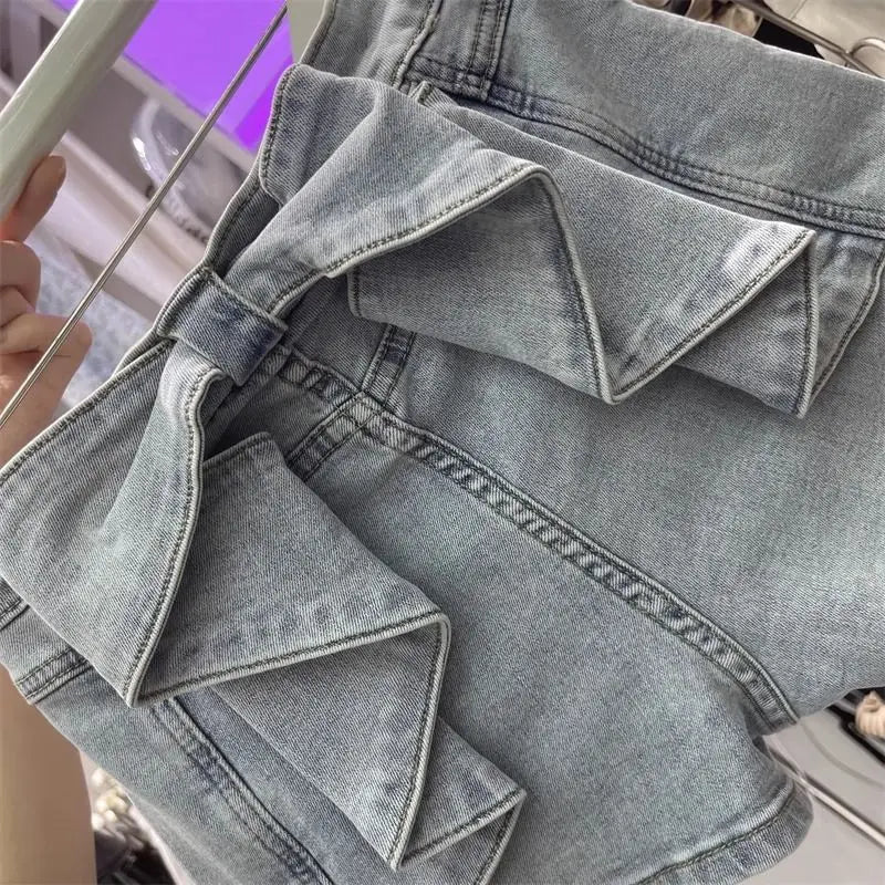 High-Waist Bow Splicing Denim Shorts