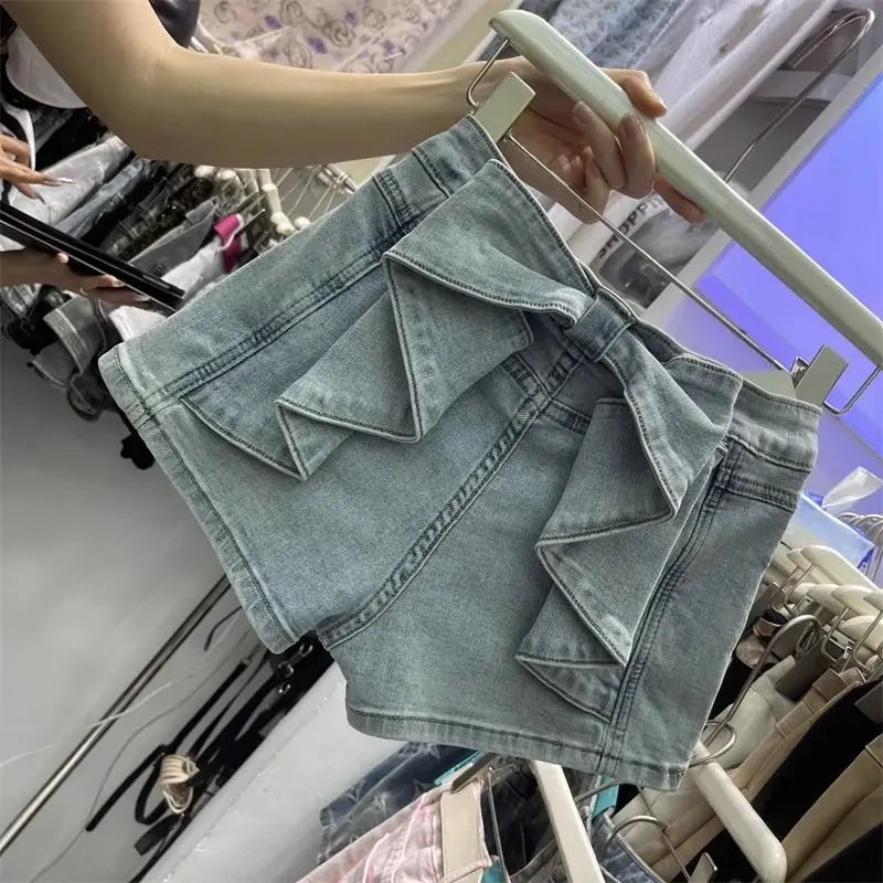High-Waist Bow Splicing Denim Shorts