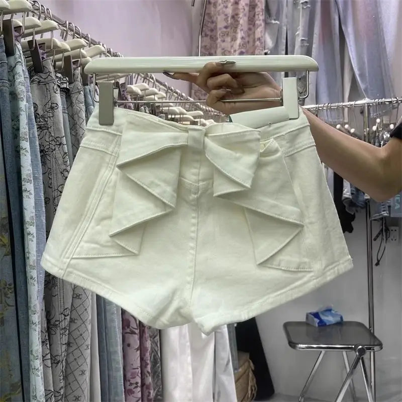 High-Waist Bow Splicing Denim Shorts