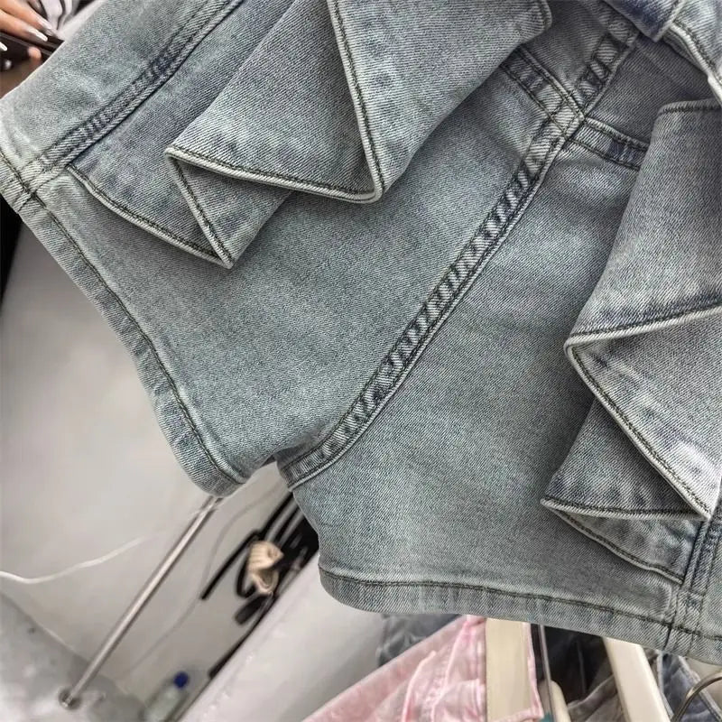 High-Waist Bow Splicing Denim Shorts