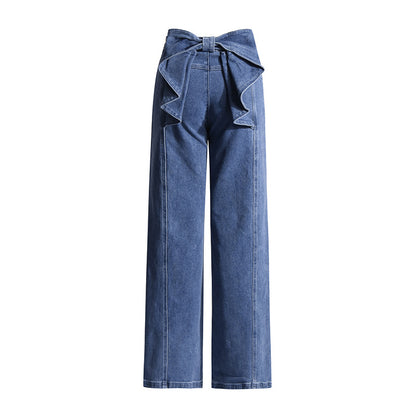 Fashionable Elegant Jeans for Women Spring Bow Stitching Design Slim Fit Slimming High Waist Straight Pants
