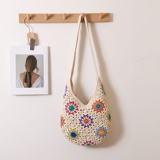 Ethnic Floral Woven Cotton & Straw Shoulder Bag