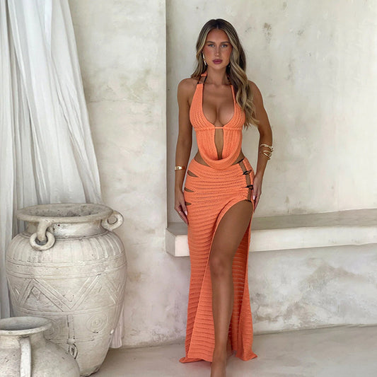 Beach Women Solid Color Knitted Beach Bikini Swimsuit Blouse Sun Proof Two Piece Sets
