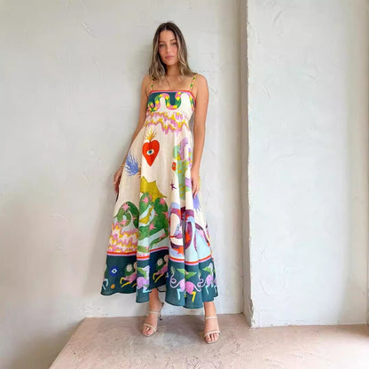 Dress Women Clothing Spaghetti Strap Floral Print Linen 9 Color Large Swing Dress