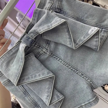 High-Waist Bow Splicing Denim Shorts