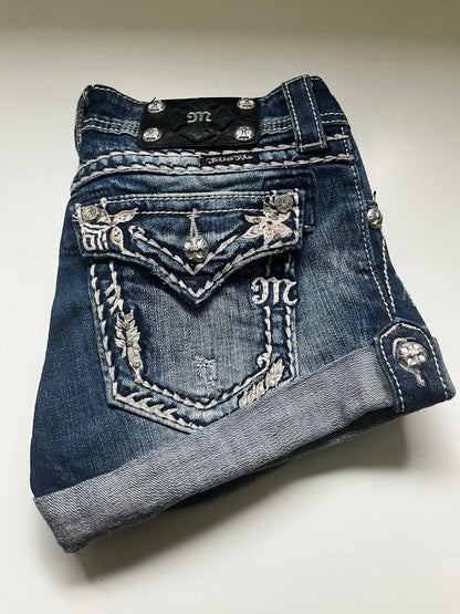 High Waist Embroidered Denim Shorts